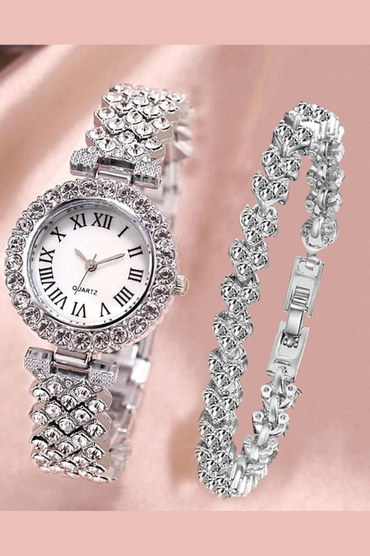 Relógio Feminino e Pulseira de Diamantes Prata