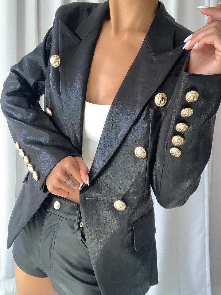 Blazer Safira em Couro com Abotoamento Duplo - Mariom Fashion