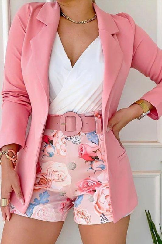 Conjunto de Blazer e Shorts Rosa Floral da Barbie - Mariom Fashion