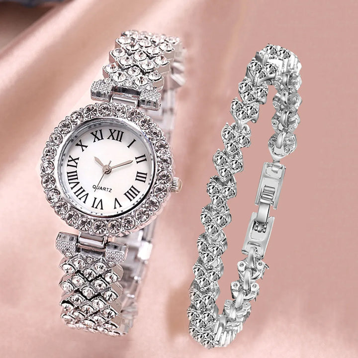 Relógio Feminino e Pulseira de Diamantes Prata